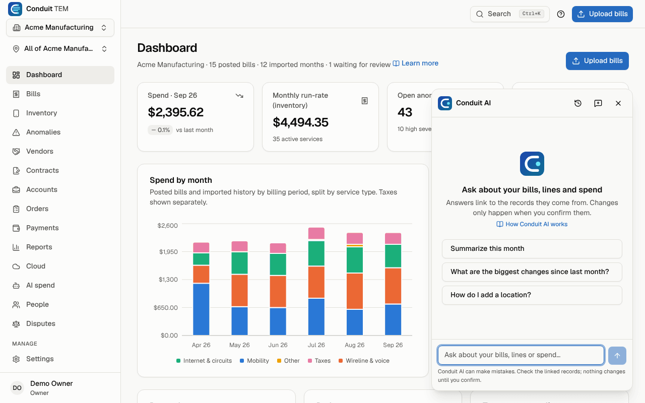 The Conduit AI panel with suggested questions for the dashboard