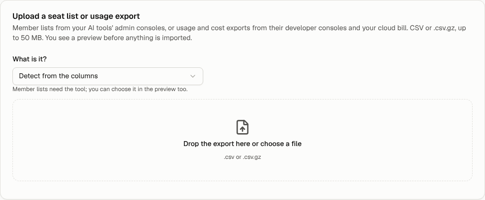The upload card: what the file is, then the file