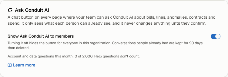 The Ask Conduit AI card in organization settings