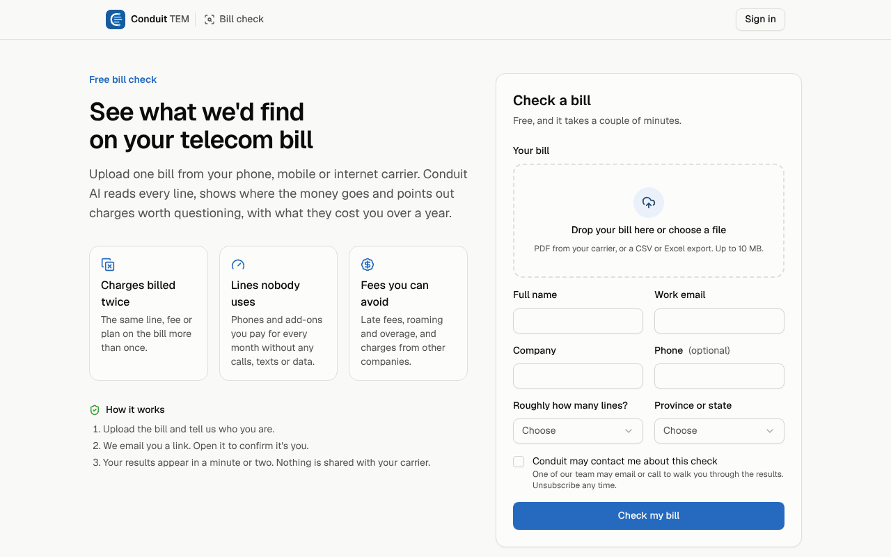 The bill check page with the upload box and the form