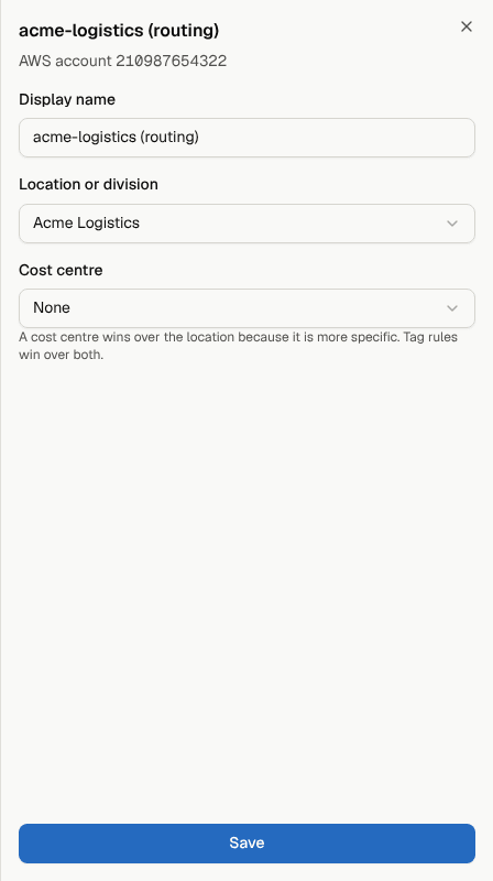 The account sheet: display name, location or division, and cost centre