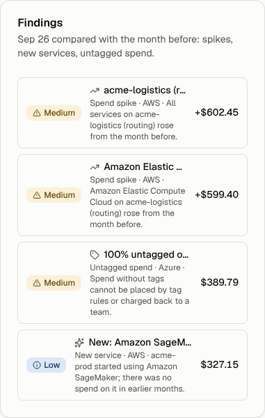 The Findings card: a spike, an untagged subscription and a new service
