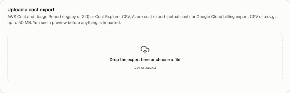 Upload a cost export: drop the file or choose it