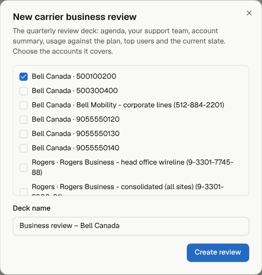The New carrier business review dialog: the accounts it covers and the deck name