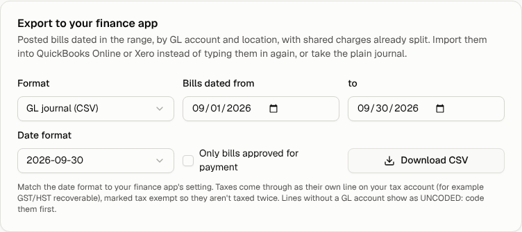 The Export to your finance app card: format, date range, date format and the approved-only option