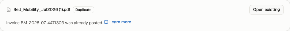 A Duplicate card on the Bills page with the Open existing button