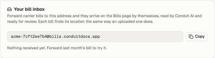 The Your bill inbox card with the address and the Copy button
