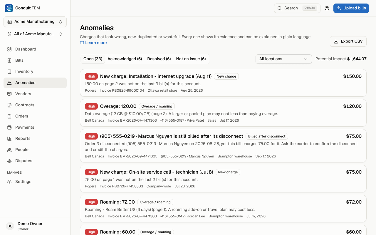 The Anomalies page, with open findings sorted by severity and the total potential impact at the top