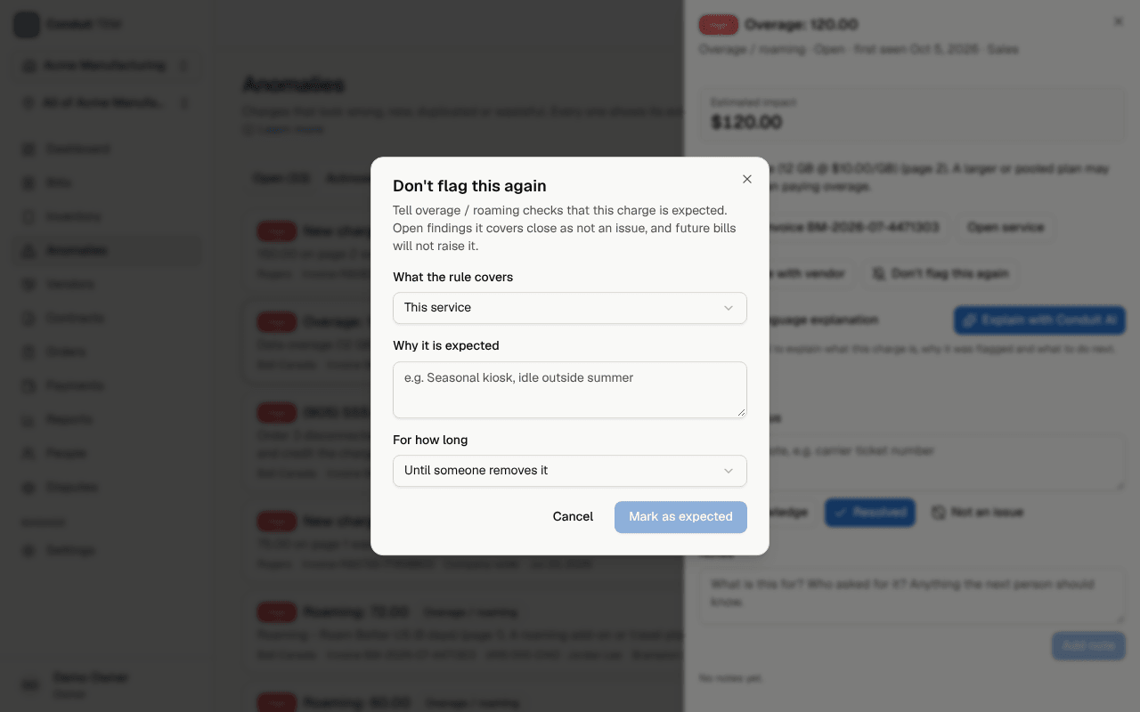 The Don't flag this again dialog, with what the rule covers, why and for how long