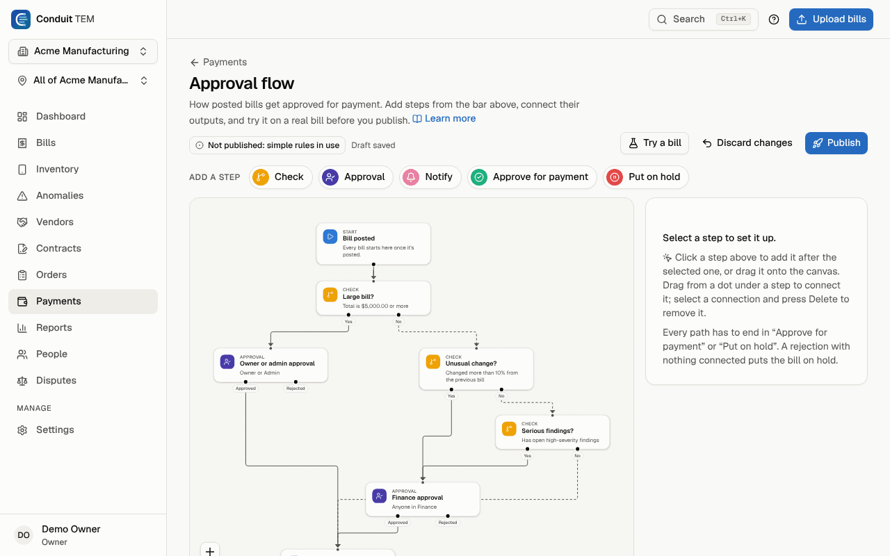 The approval flow builder with the starter flow