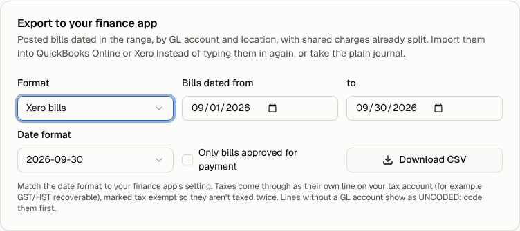 The export card set to Xero bills