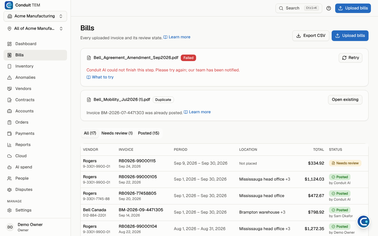 The Bills page with upload cards at the top and the list of bills below