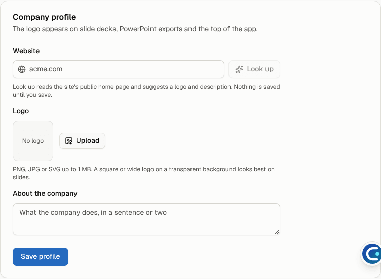 The Company profile card with website, Look up, logo and description