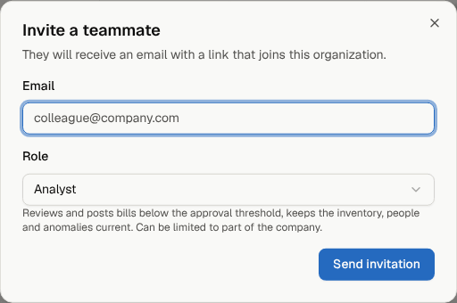 The Invite a teammate dialog with email, role and Send invitation