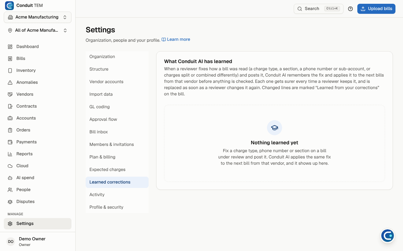 Settings, Learned corrections: what Conduit AI has learned, empty until a corrected bill is posted
