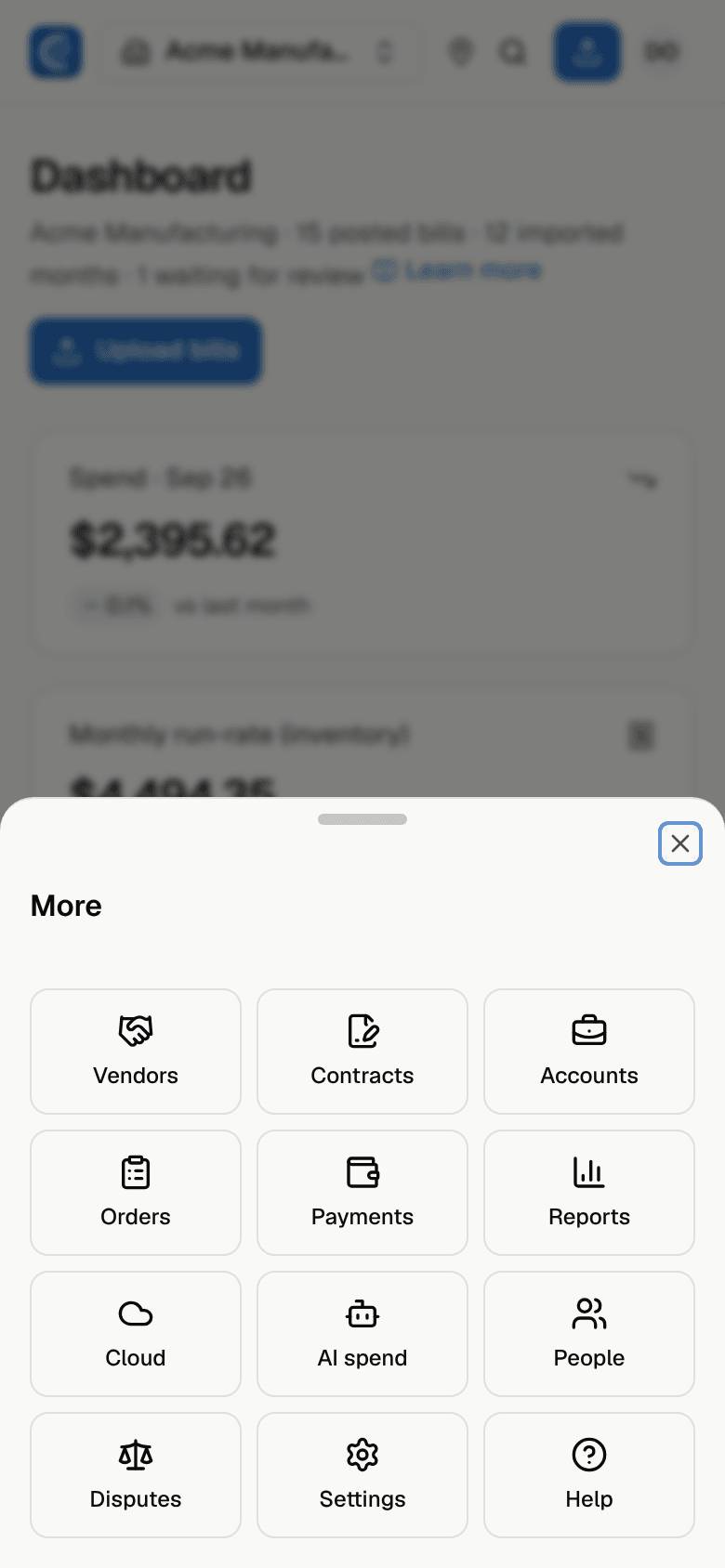 The More sheet on a phone with Vendors, Contracts, Orders, Payments, Reports, People, Disputes, Settings and Help