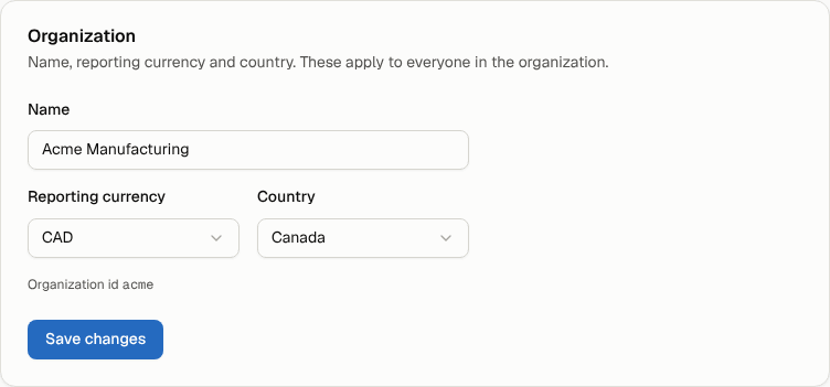The Organization card in Settings with name, reporting currency and country