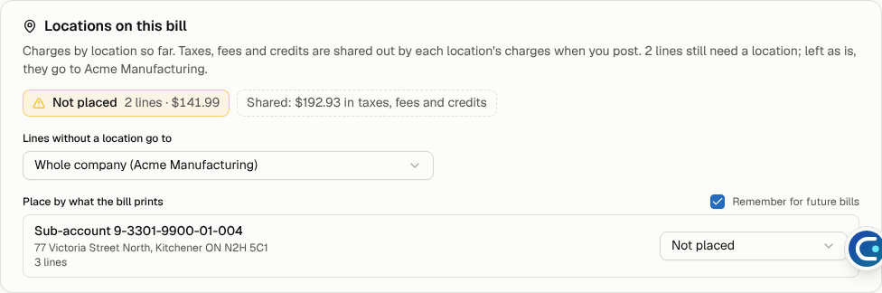 Locations on this bill: unplaced lines, shared taxes and fees, and placing by sub-account