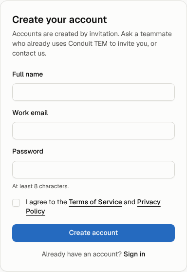 The Create your account form with name, work email and password