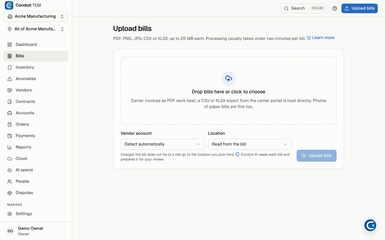 The Upload bills page with the drop area, vendor account and location