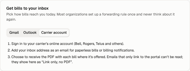 The Carrier account steps on the Bill inbox page