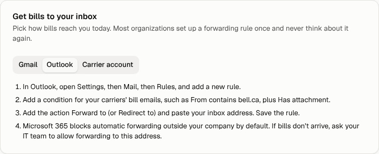 The Outlook steps on the Bill inbox page