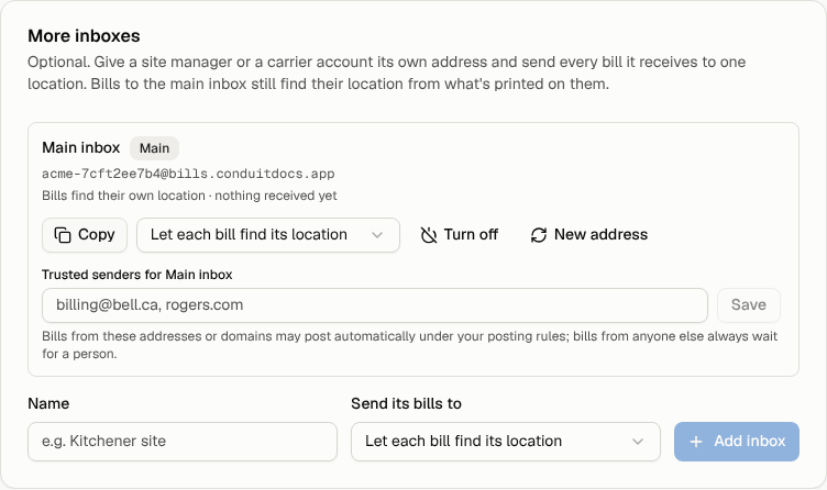 The More inboxes card with the main inbox and the form to add one