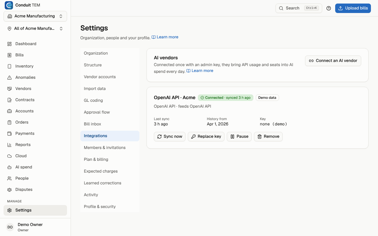 Settings → Integrations: a connected vendor with its last sync and actions