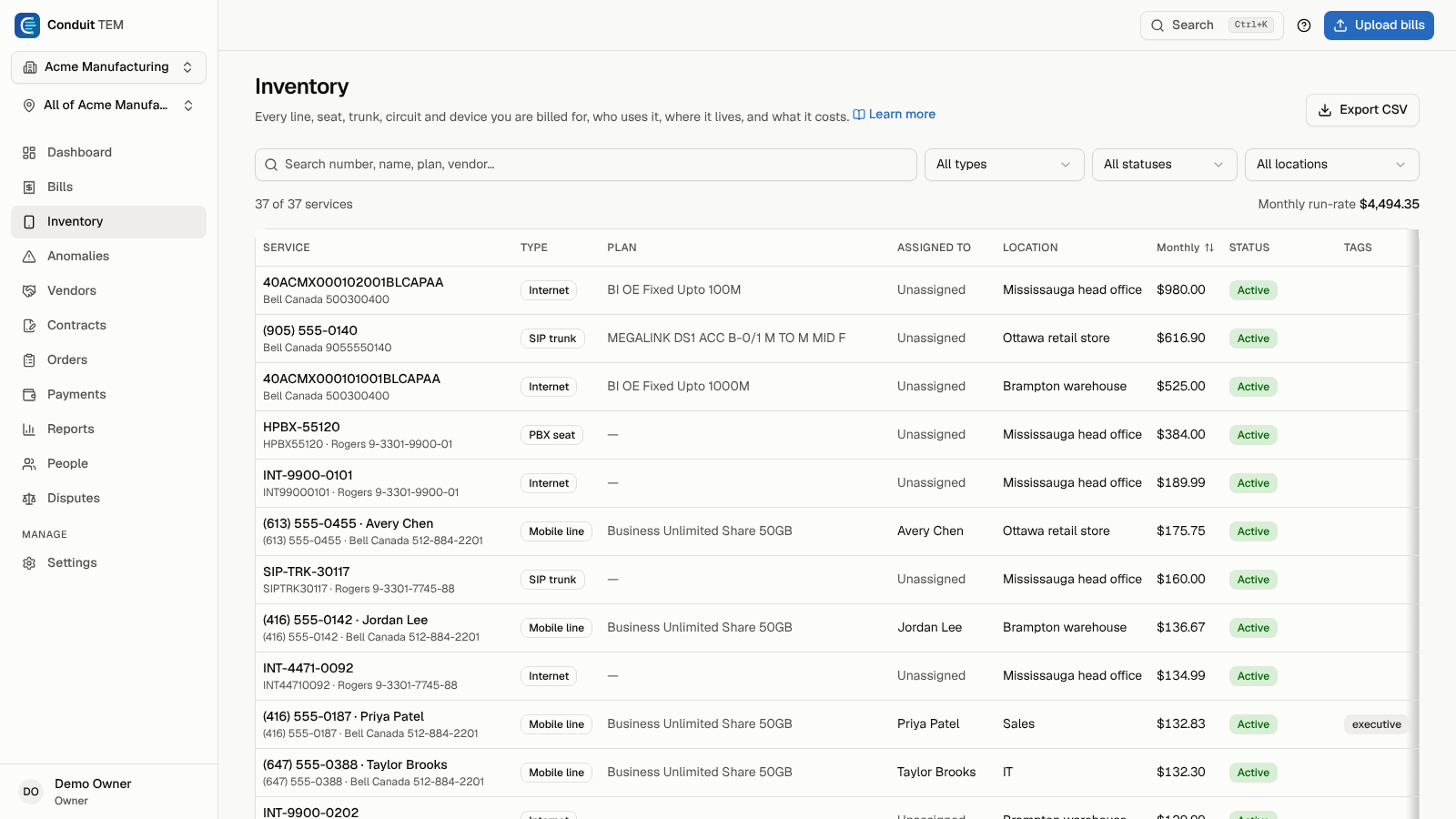 The inventory list with type, plan, person, location, cost and status