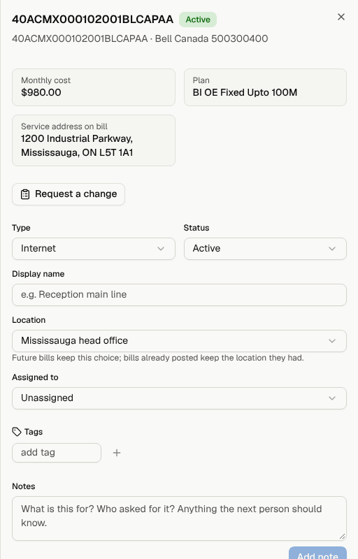 The service sheet with its details, location and person