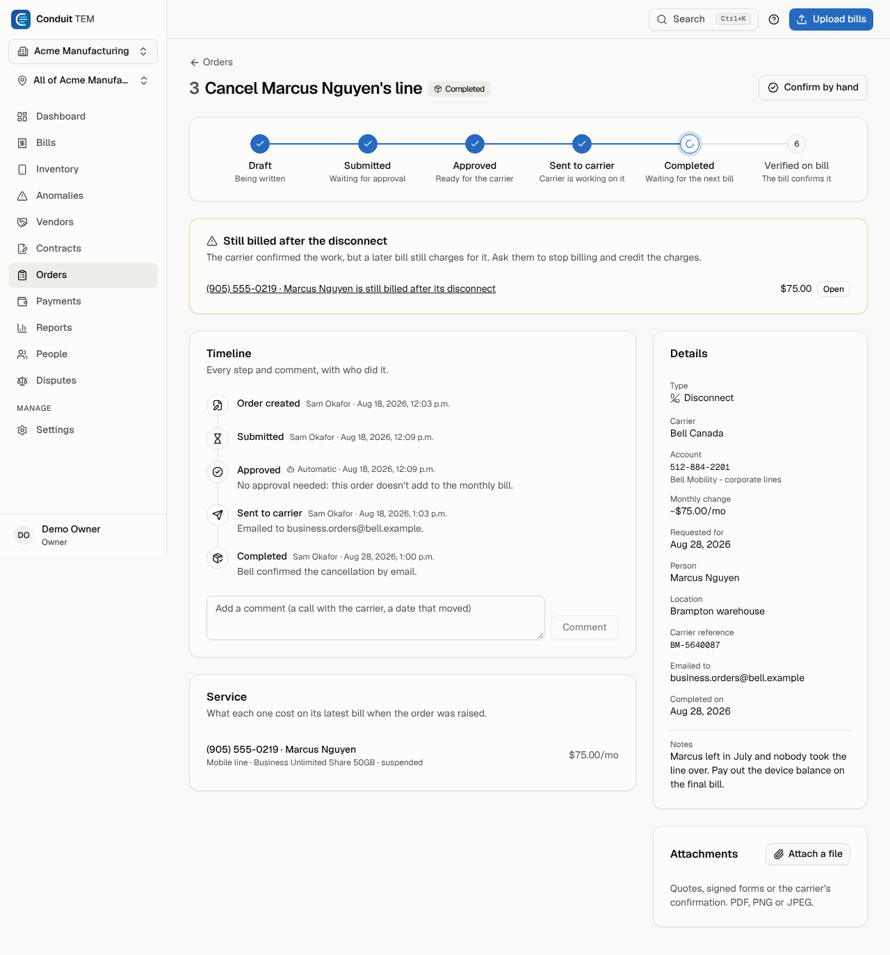 A completed disconnect that the next bill still charges for, with its timeline and details