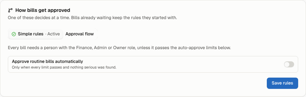 The How bills get approved card with Simple rules active and the auto-approve limits