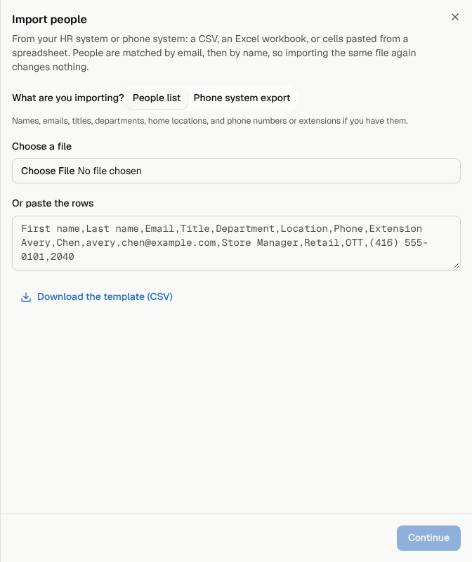 Step 1 of Import people: choose a file or paste rows