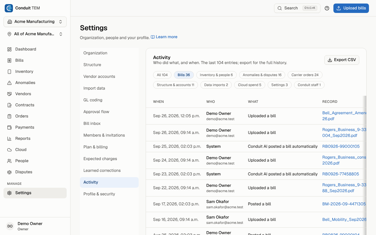The activity log, filtered to Bills, with who did what and when