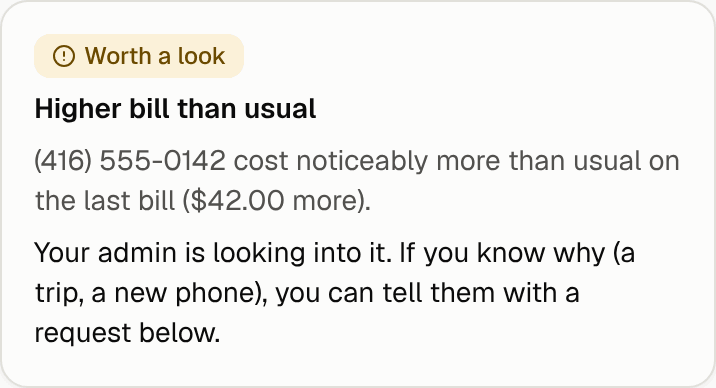 A finding on the self-service page: a higher bill than usual, with a tip on what to do