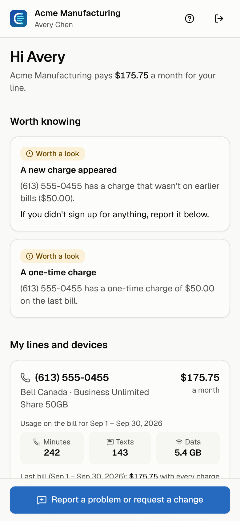 An employee's self-service page on a phone: their line's cost, findings worth knowing and the request button