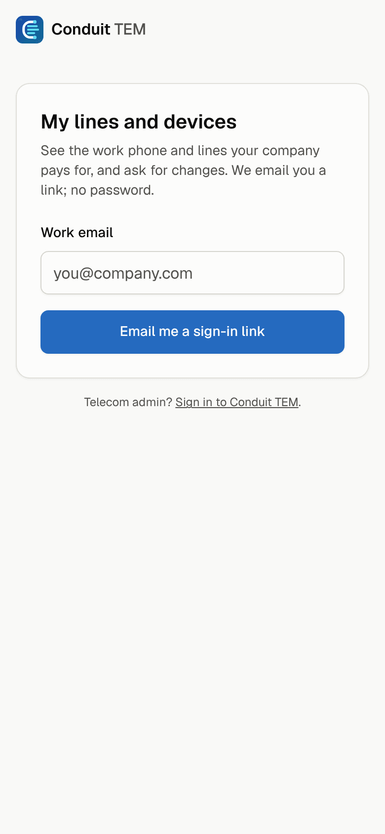 The self-service sign-in page on a phone, with the Work email box and the Email me a sign-in link button