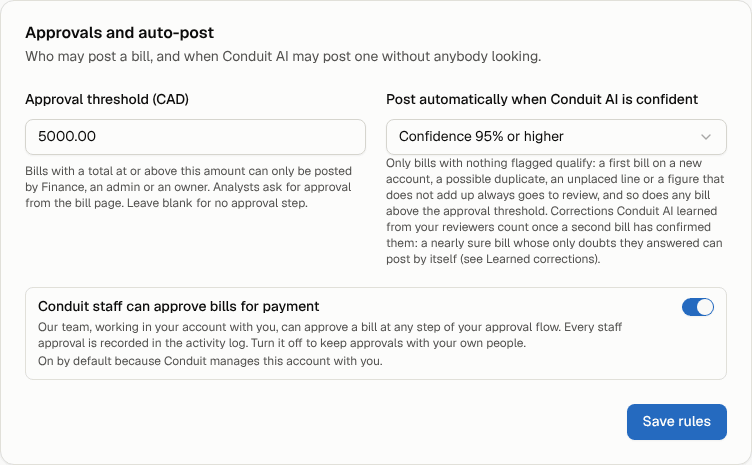 The Approvals and auto-post card with the staff approval switch