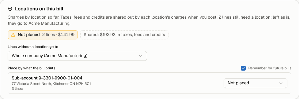 Locations on this bill, with a sub-account that matches no location