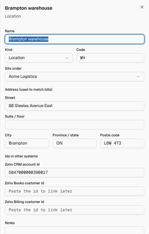 Editing a location: name, kind, code, parent and address