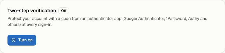 The Two-step verification card, off, with the Turn on button