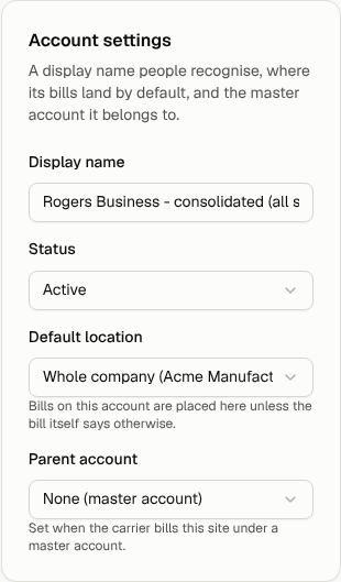 Account settings on a vendor account page