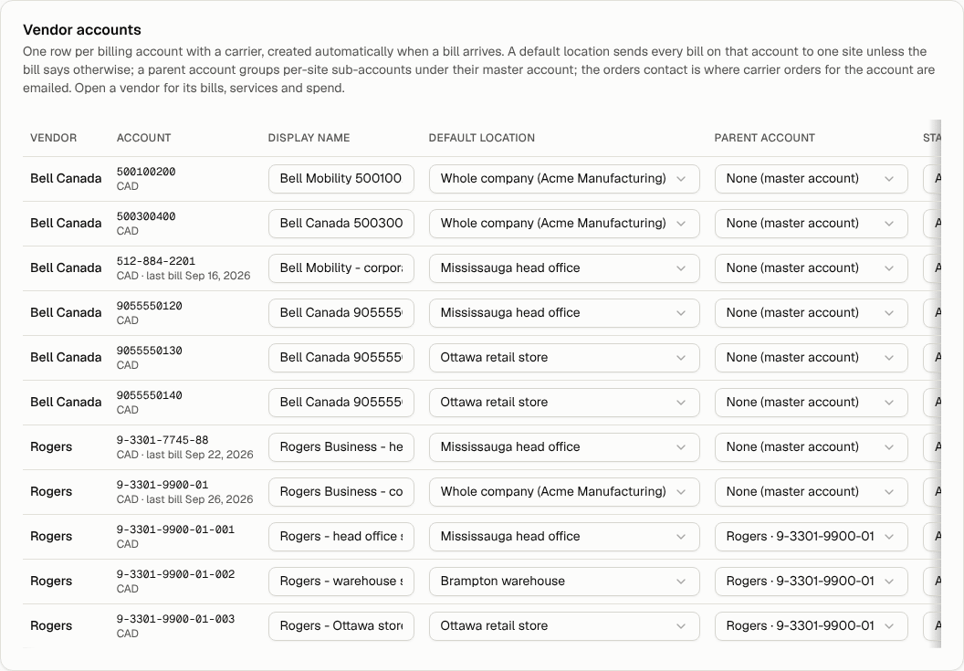Settings, Vendor accounts: every account in one table