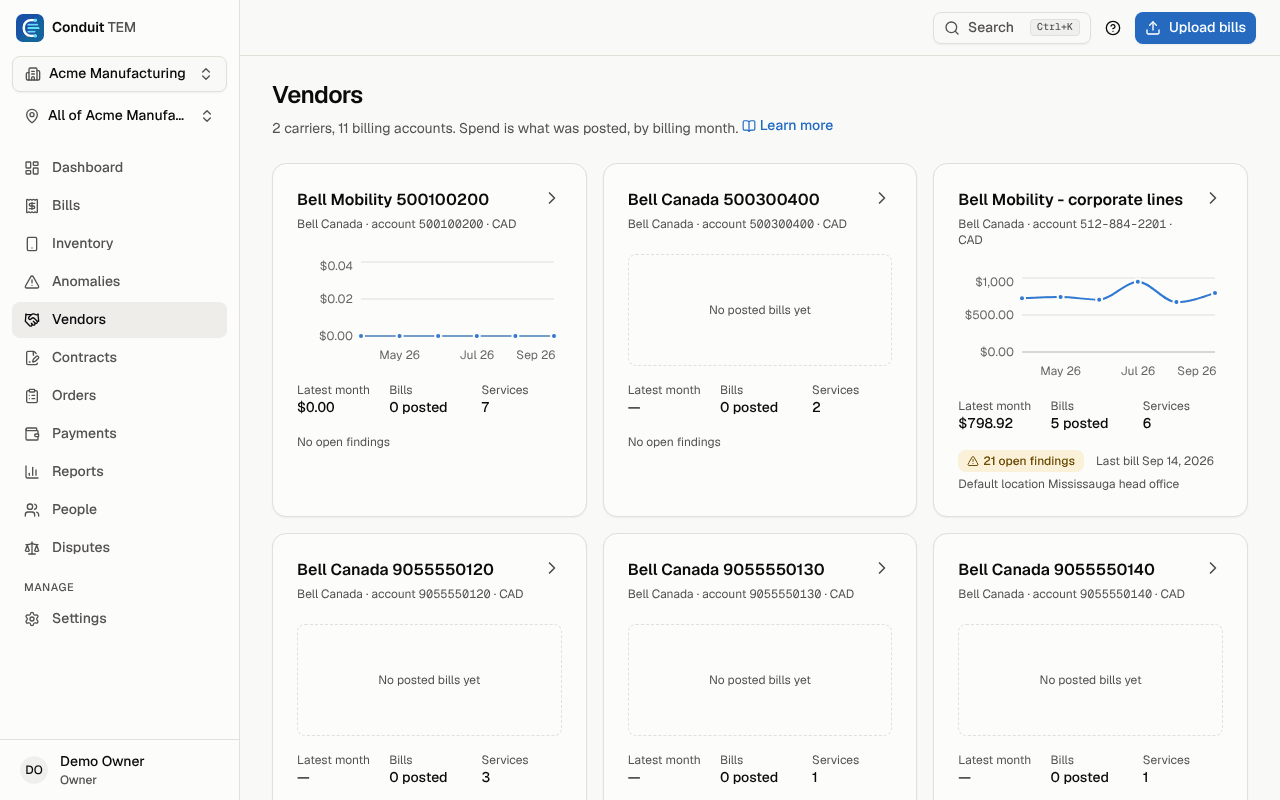 The Vendors page with one card per billing account